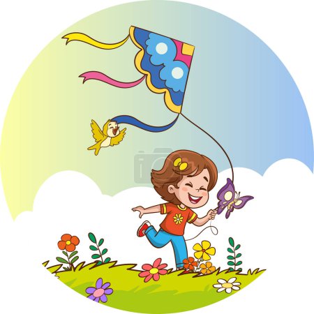 Ilustración de Ilustración vectorial de niños pequeños jugando con una cometa en el jardín. - Imagen libre de derechos