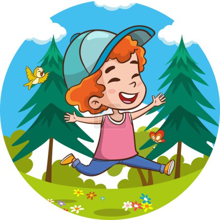 Illustration for Vector illustration of happy cute children jumping on the grass on a sunny day - Royalty Free Image
