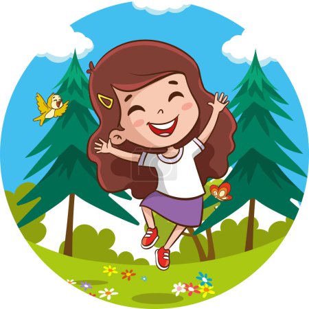 Téléchargez les illustrations : Illustration vectorielle d'enfants mignons heureux sautant sur l'herbe par une journée ensoleillée - en licence libre de droit