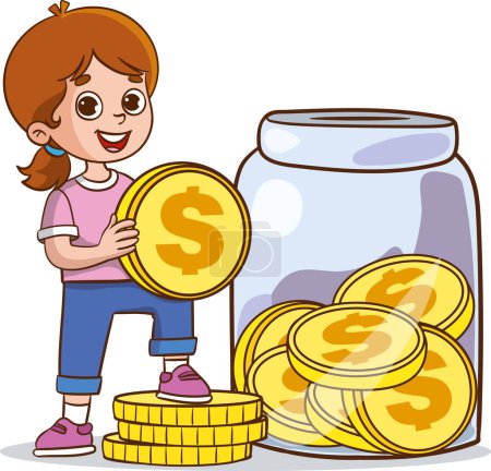 Illustration for Smiling little boy holding piggy bank and putting coins in it. Young kids cartoon character saving money, raising money to invest in the future. Finance and savings economy, children's budget - Royalty Free Image