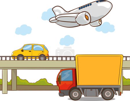 Ilustración de Diferentes medios de transporte para viajes y entrega.Camión para transporte de carga y entrega de carga pesada. Transporte aéreo en avión. Ilustración vectorial - Imagen libre de derechos