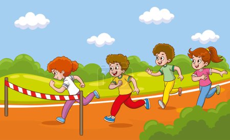 Illustration for Vector illustration of a group of racer kids running towards the finish line.kids running race. - Royalty Free Image