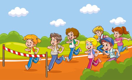 Illustration for Vector illustration of a group of racer kids running towards the finish line.kids running race. - Royalty Free Image