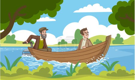 Téléchargez les illustrations : Illustration vectorielle de deux hommes naviguant sur la mer.hommes sur le bateau et le paysage marin - en licence libre de droit