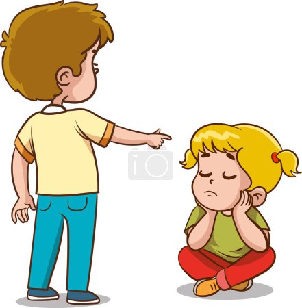 Illustration for Vector illustration of angry kids bullying their weak peers.Kids are being bullied. Verbal and physical social conflict between children, combat abuse, fighting and sarcastic classmate - Royalty Free Image