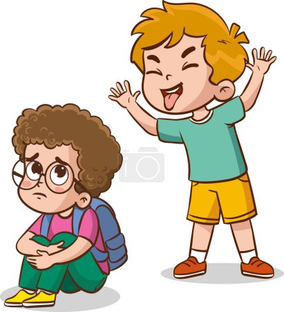 vector illustration of angry kids bullying their weak peers.Kids are being bullied. Verbal and physical social conflict between children, combat abuse, fighting and sarcastic classmate
