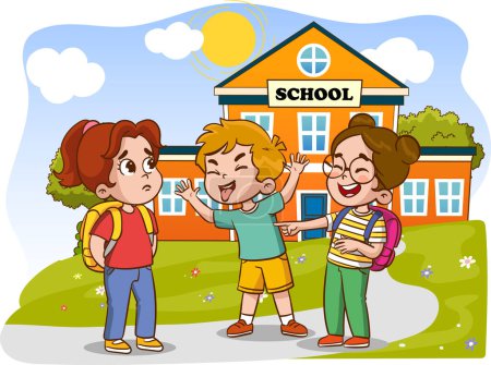 Illustration for Vector illustration of angry kids bullying their weak peers.Kids are being bullied. Verbal and physical social conflict between children, combat abuse, fighting and sarcastic classmate - Royalty Free Image