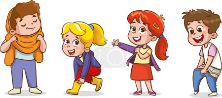 Illustration for Vector illustrations of children wearing clothes .children changing dresses and trousers. - Royalty Free Image