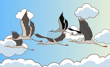 Illustration for Illustration of migratory birds flying in cartoon style.vector illustration of migratory birds in the sky in nature landscape. - Royalty Free Image