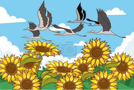 Ilustración de Ilustración de aves migratorias volando en estilo de dibujos animados. Ilustración vectorial de aves migratorias en el cielo en el paisaje natural. - Imagen libre de derechos