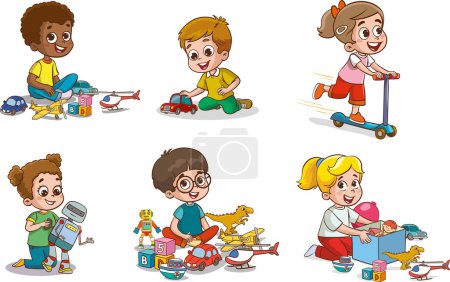 Illustration for Set collection of vector cute baby kids characters playing with toys doing activities in different poses. Children jump, move, have fun in a good mood, play, hang out with different emotions. - Royalty Free Image