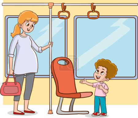 Vector illustration of little boy giving way to pregnant woman in public transport
