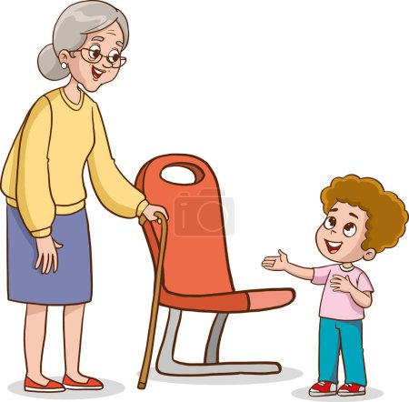 The child gives way to the grandmother on public transport. Manifestation of goodness. Good deeds. Vector illustration