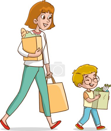 Illustration for Young mother and her son are shopping. Woman with children having fun. Modern book illustrations shopping concept. Flat style vector illustration isolated on white background. - Royalty Free Image