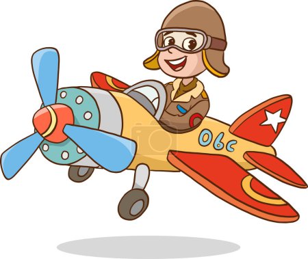Ilustración de Niño volando en avión o viajando en el cielo con avión de juguete con hélice, gafas de aviador y sonrisa feliz - Imagen libre de derechos
