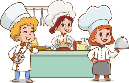 Ilustración de Ilustración vectorial de cocineros infantiles. Mascotas de dibujos animados en varias poses dinámicas. Gente chico y chica chef en sombreros blancos, ilustración vectorial - Imagen libre de derechos