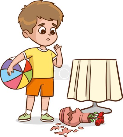 Illustration for Sad child looking at broken vase, guilty cartoon boy in trouble broke a flower pot into pieces - Royalty Free Image