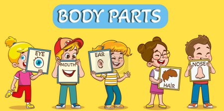 Illustration for Vector illustration of little kids holding cards about 5 senses.Vector illustration of little children showing parts of the body - Royalty Free Image