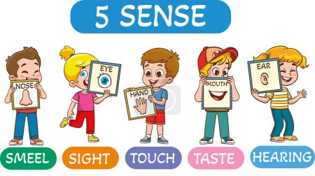 Illustration for Vector illustration of little kids holding cards about 5 senses.Vector illustration of little children showing parts of the body - Royalty Free Image