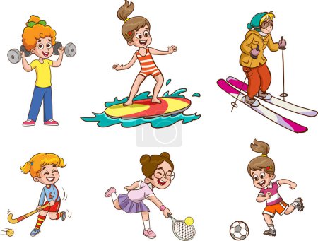 Niñas jugando deportes Niños set Vector Ilustración