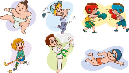 Téléchargez les illustrations : Ensemble d'enfants jouant différents sports Illustration vectorielle - en licence libre de droit