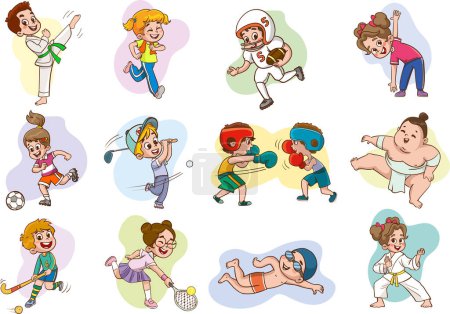 Téléchargez les illustrations : Ensemble d'enfants jouant différents sports Illustration vectorielle - en licence libre de droit