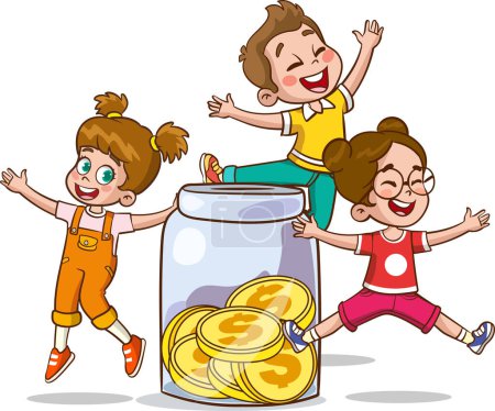 Illustration for Boys and girls are putting money into the piggy bank. Fundraising concept. Vector cartoon character illustration icon. Isolated on white background - Royalty Free Image