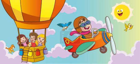 Ilustración de Feliz niño sonriente avión volador como un piloto real en casco de vuelo de cuero retro. Ilustración de libro moderno estilo plano ilustración vector de dibujos animados. - Imagen libre de derechos