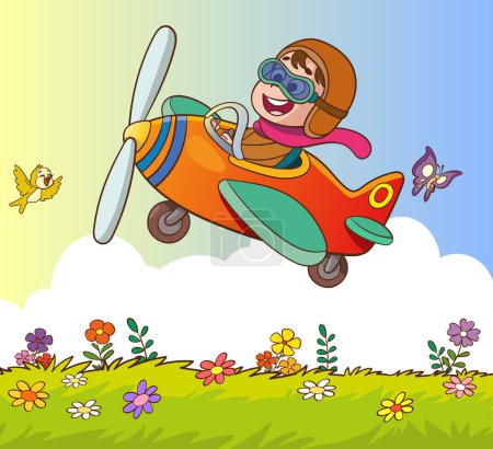 Ilustración de Feliz niño sonriente avión volador como un piloto real en casco de vuelo de cuero retro. Ilustración de libro moderno estilo plano ilustración vector de dibujos animados. - Imagen libre de derechos