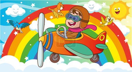 Illustration for Happy smiling boy flying plane like a real pilot in retro leather flight helmet.Modern book illustration.Flat style cartoon vector illustration. - Royalty Free Image