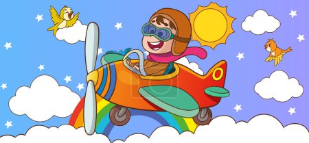 Illustration for Happy smiling boy flying plane like a real pilot in retro leather flight helmet.Modern book illustration.Flat style cartoon vector illustration. - Royalty Free Image