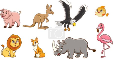 Ilustración de Conjunto de animales de dibujos animados lindos.Gran conjunto de vectores con animales de dibujos animados aplicados. Colección vectorial con mamíferos. - Imagen libre de derechos