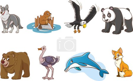 Ilustración de Conjunto de animales de dibujos animados lindos.Gran conjunto de vectores con animales de dibujos animados aplicados. Colección vectorial con mamíferos. - Imagen libre de derechos