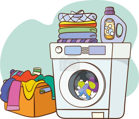 Lavanderia con lavado de ropa e ilustracion de vectores de lino, lavadora plana estilo dibujos animados con cestas de lino y detergente, concepto de servicio doméstico clipart