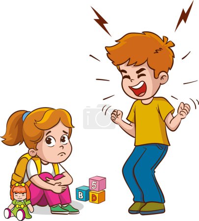 Illustration for Little boy angry and shouting at his friend. Angry boy shouting at a friend. Children are being bullied. Vector illustration - Royalty Free Image
