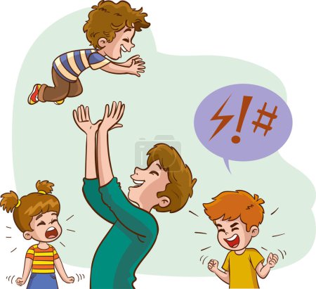 Illustration for Sad and angry child looking at his mother holding her baby. child is jealous of his mother flat vector illustration. Sibling rivalry concept for family relationship, banner, website design or landing - Royalty Free Image