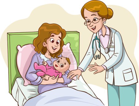 Ilustración de Médico examinando a una madre recién nacida y su bebé.Ilustración vectorial de la madre y el padre recién nacidos visitando a su bebé - Imagen libre de derechos