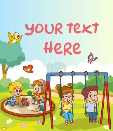 Téléchargez les illustrations : Illustration vectorielle d'enfants heureux jouant dans une aire de jeux - en licence libre de droit