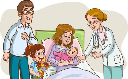 Illustration for Doctor examining a newborn mother and her baby.Vector illustration of newly born mother and father visiting her baby - Royalty Free Image