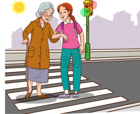 Ilustración de Young girl helps old woman. old woman and young woman walking on crosswalk cartoon vector - Imagen libre de derechos