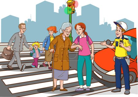 Illustration for Young girl helps old woman. old woman and young woman walking on crosswalk cartoon vector - Royalty Free Image