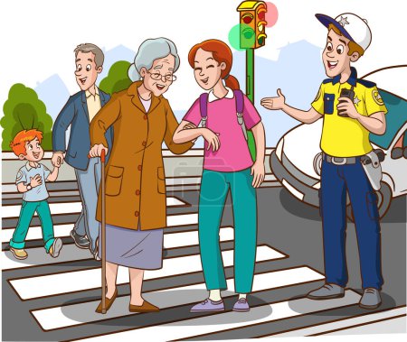 Téléchargez les illustrations : Une jeune fille aide une vieille femme. vieille femme et jeune femme marchant sur le passage supérieur vecteur de dessin animé - en licence libre de droit