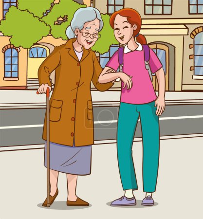 Ilustración de Chica joven ayudando a la mujer. anciana y niña caminando en el parque vector ilustración - Imagen libre de derechos