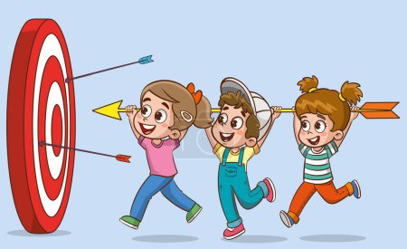 Vektor-Illustration von Kindern, die durch Kooperation Erfolg haben. Schüler, die gemeinsam zum Ziel gehen