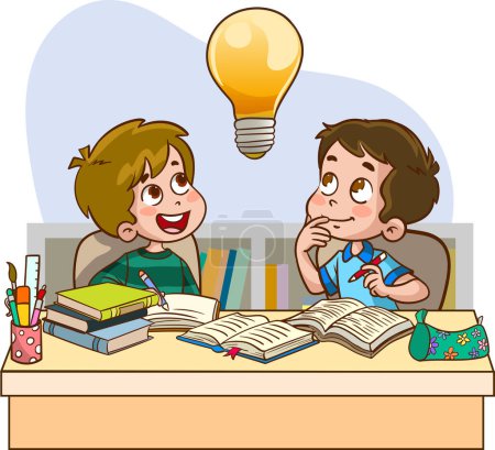 Illustration for Cute kids are doing group work, brainstorming and working together. vector illustration - Royalty Free Image
