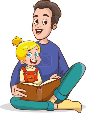 Illustration for Father is reading a book to his little daughter sitting on his lap. The Image Conjures Warmth, Family Bonding, and the Joy of Storytelling with Family Characters. Cartoon People Vector Illustration - Royalty Free Image