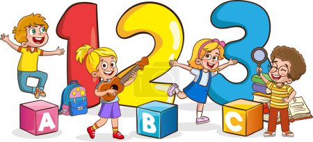 Ilustración de Ilustración vectorial del libro moderno para la educación de los niños.Happy Cute Cartoon School Children.Happy Kids Estudiar y aprender - Imagen libre de derechos