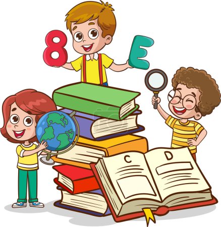 Ilustración de Ilustración vectorial del libro moderno para la educación de los niños.Happy Cute Cartoon School Children.Happy Kids Estudiar y aprender - Imagen libre de derechos