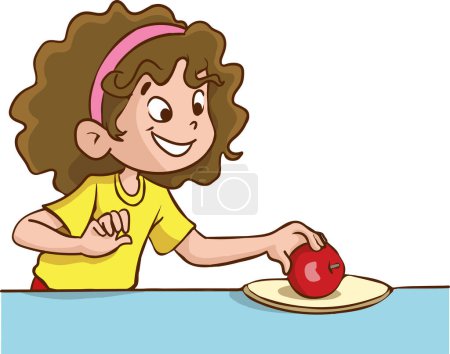 Téléchargez les illustrations : Illustration vectorielle dessin animé d'une petite fille prenant une pomme rouge dans une assiette et la mangeant. - en licence libre de droit