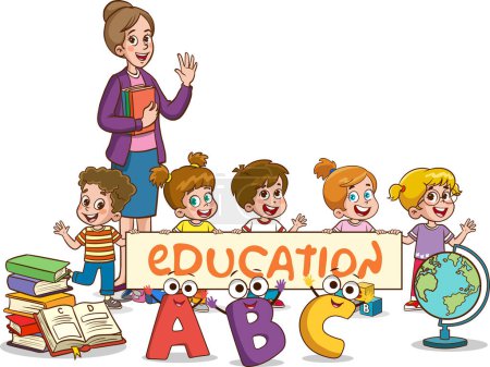 Illustration for Happy cute little kids and teacher with blank banner vector illustration - Royalty Free Image